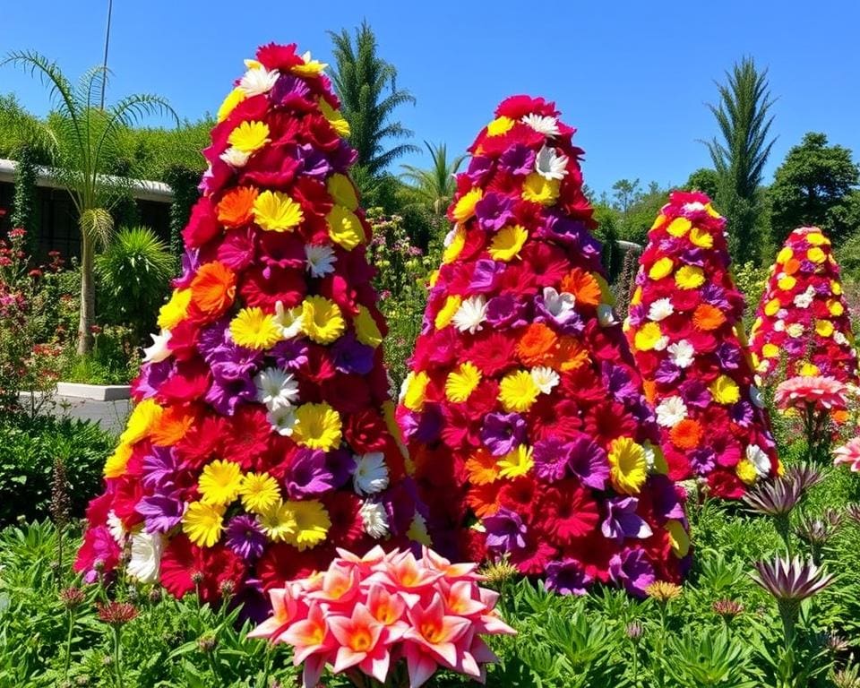 DIY-Blumenpyramiden für vertikale Farbakzente im Garten.