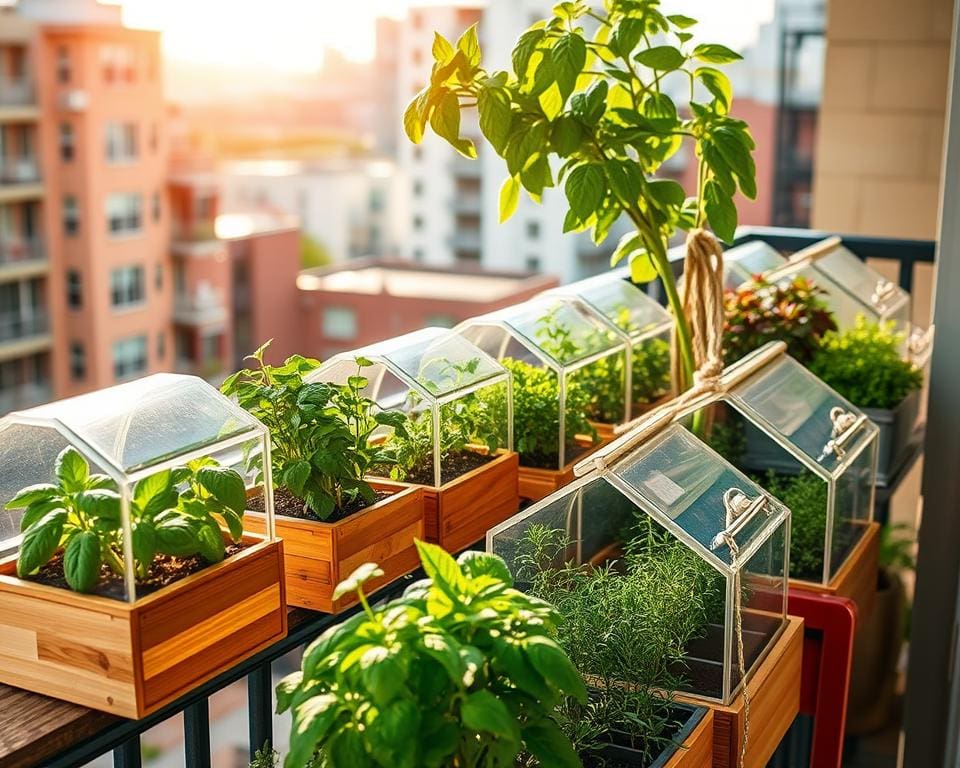 Mini-Gewächshäuser für frische Kräuter auf dem Balkon