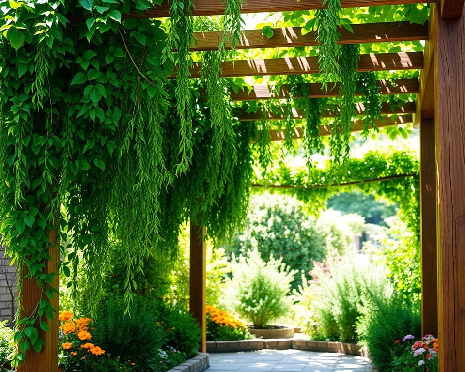 Pergola mit hängenden Pflanzen für mehr Grün und Schattierungen