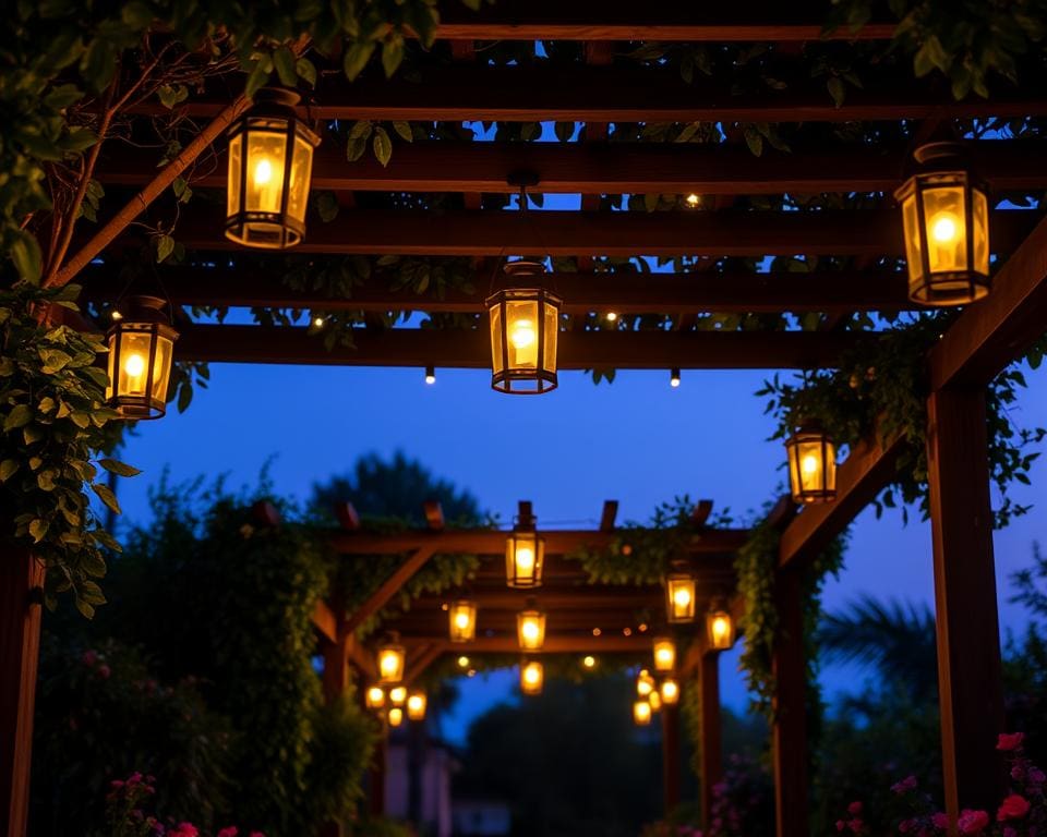 Schattige Pergola mit Hängelichtern: Gemütliche Abendstunden