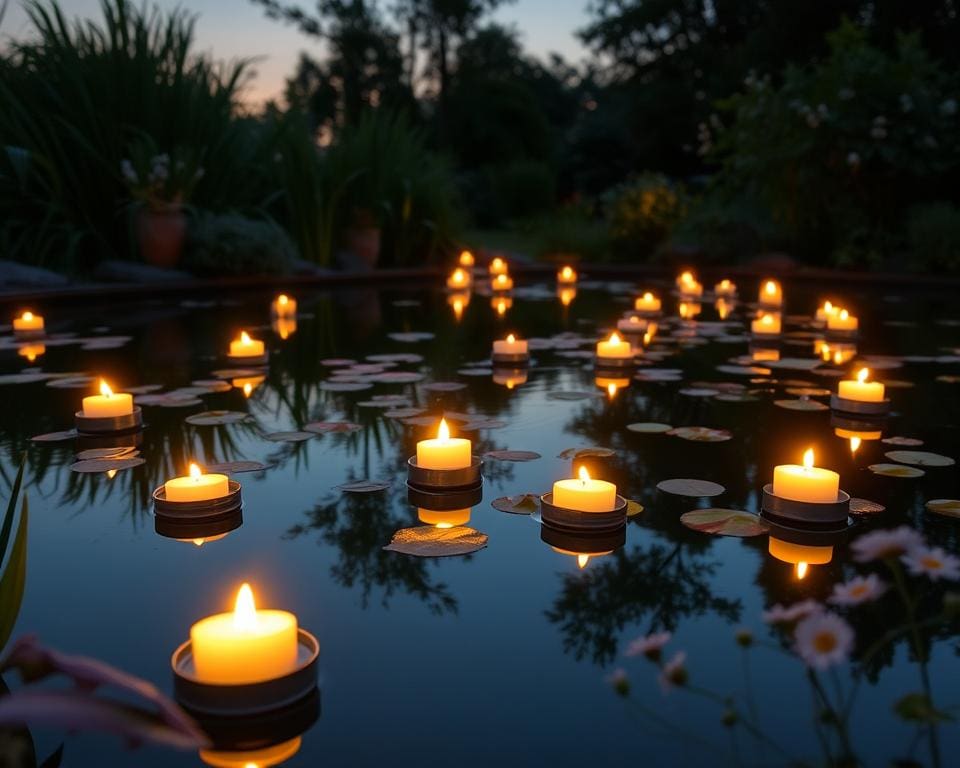 Schwimmkerzen für abendliche Teichbeleuchtung