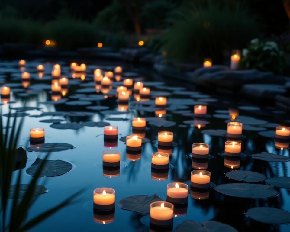 Schwimmkerzen für abendliche Teichbeleuchtung