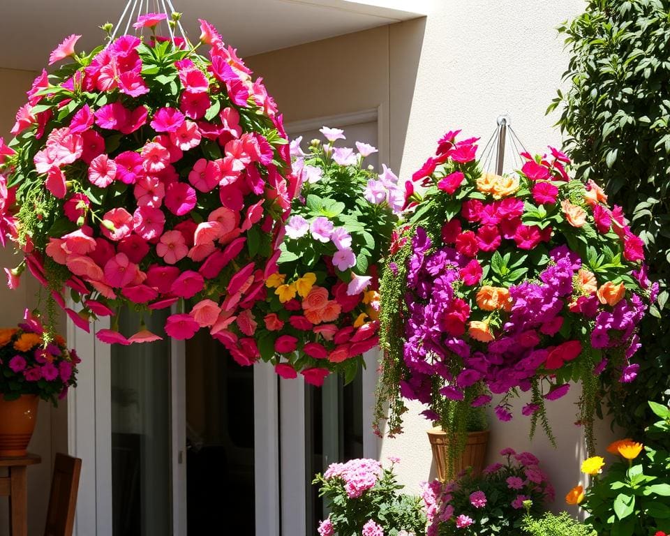 Balkondeko mit Blumenampeln