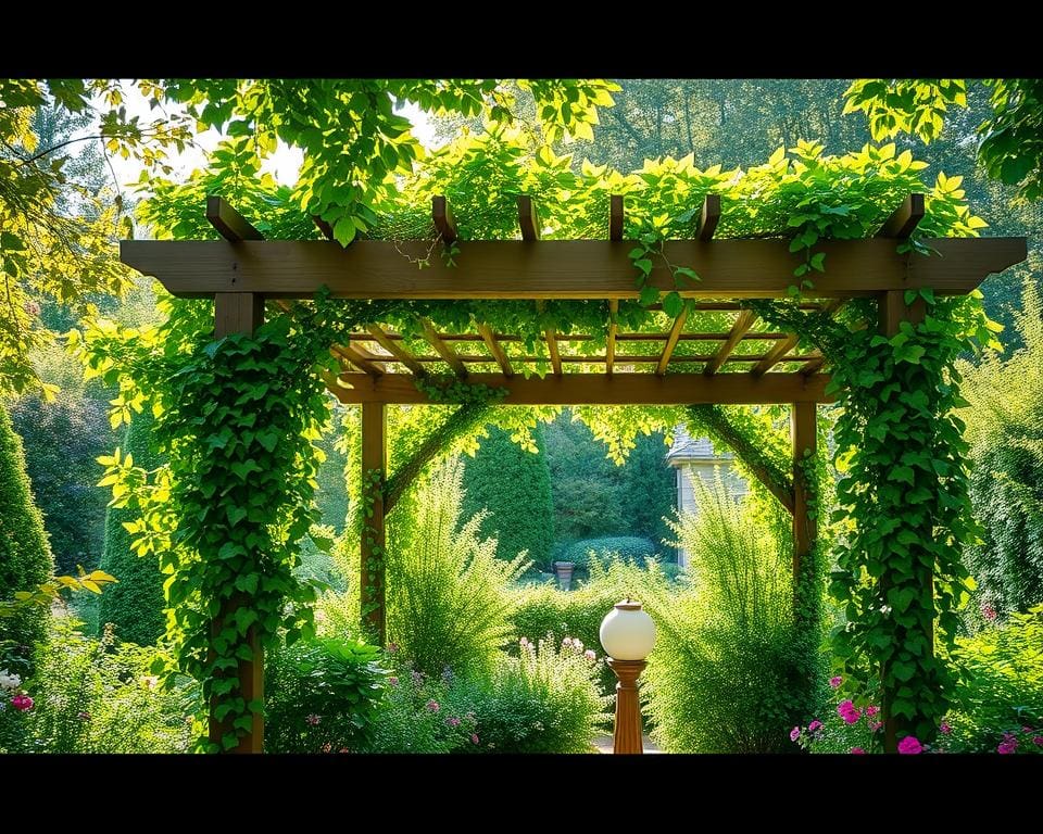 Freistehende Pergola mit Kletterpflanzen für natürlichen Schatten