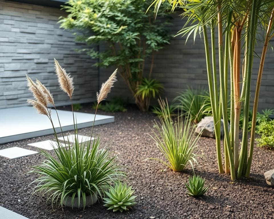 Minimalistische Gartengestaltung mit wenigen, eleganten Pflanzen